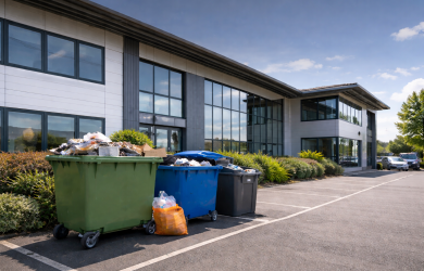 A prominent building with multiple trash cans placed around it, suggesting high foot traffic