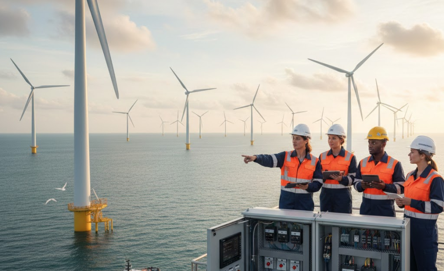 Engineers wearing safety helmets inspect an offshore wind farm with numerous turbines across the ocean