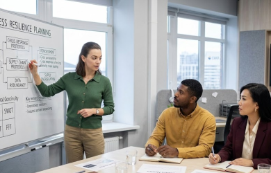 Businesswoman presenting resilience planning strategies to colleagues in modern office setting with whiteboard and charts