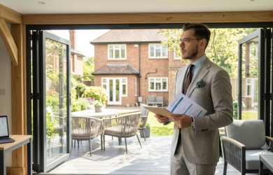 Estate agent in a suit with plans, standing in a modern home with open bifold doors leading to a garden