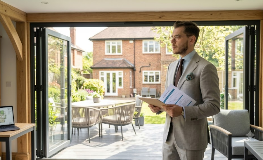 Estate agent in a suit with plans, standing in a modern home with open bifold doors leading to a garden
