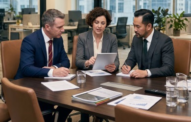 Three business professionals discussing reports at a meeting table in a modern office setting.