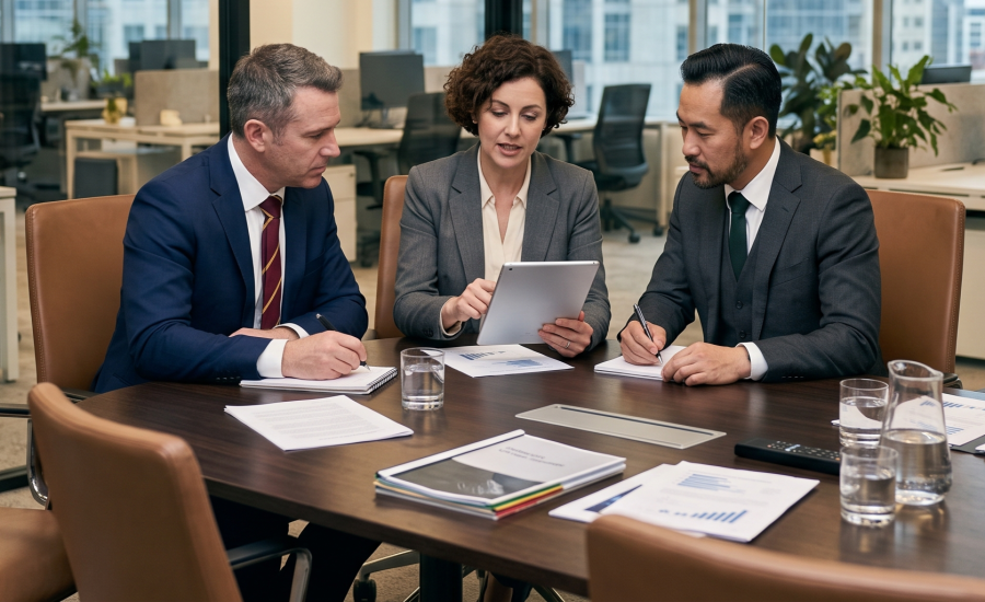 Three business professionals discussing reports at a meeting table in a modern office setting.