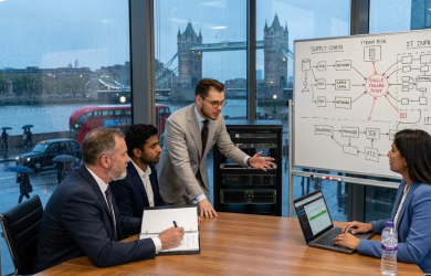 Business meeting discussing supply chain and IT infrastructure with Tower Bridge view in background