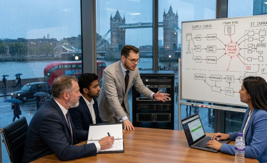 Business meeting discussing supply chain and IT infrastructure with Tower Bridge view in background