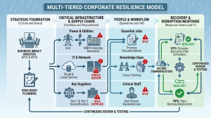 Diagram of a multi-tiered corporate resilience model highlighting strategic foundation, infrastructure, and response steps
